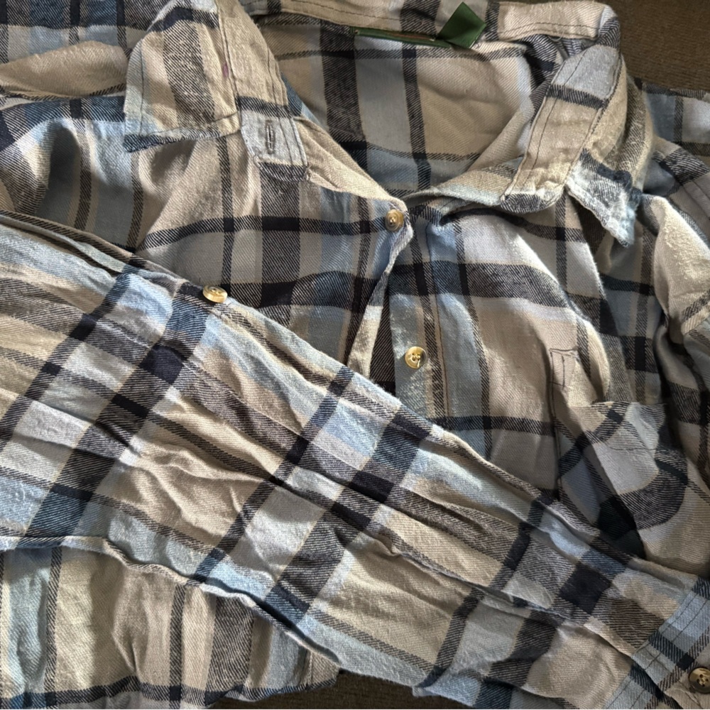 Casual Blue and Gray Plaid Button-Up Women's Top